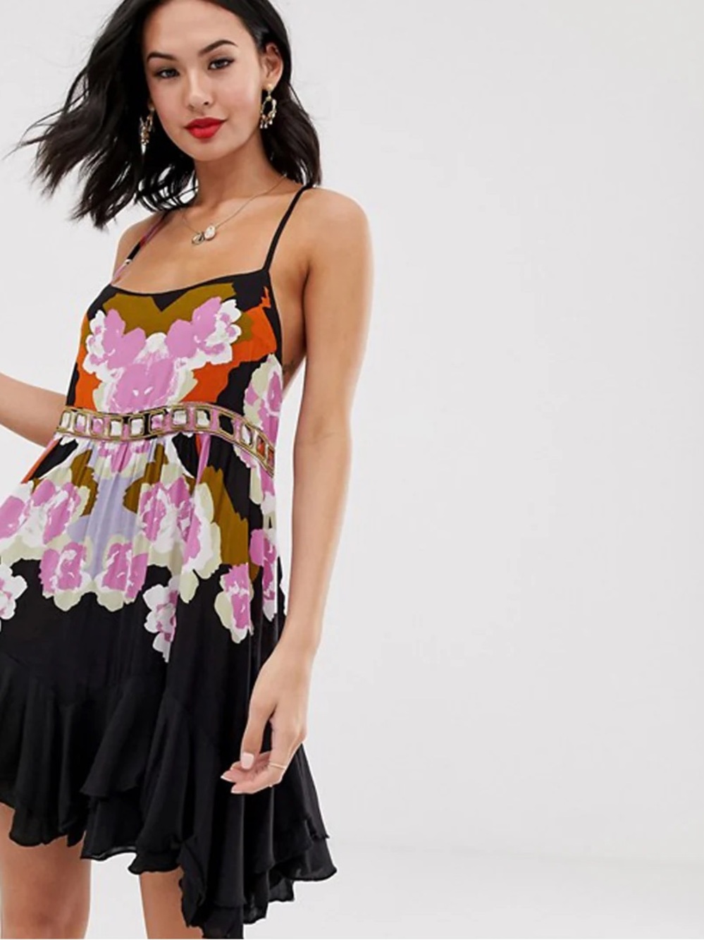 Free People Floral Halter Dress in Pink, Navy & Orange